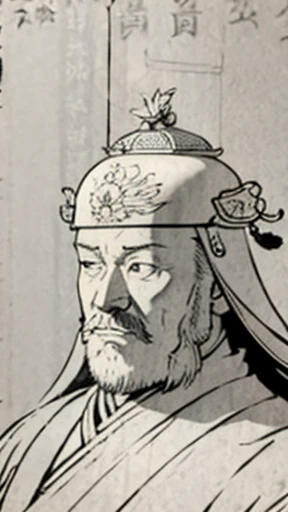 (((Monochrome))、((Men in ancient China))、((An ancient Chinese helmet with a long cord ornament on the top))、Highest quality、masterpiece、Ultra-high resolution、(Realistic:1.4)、Game Poster、Three Kingdoman with a beard,Oriental、