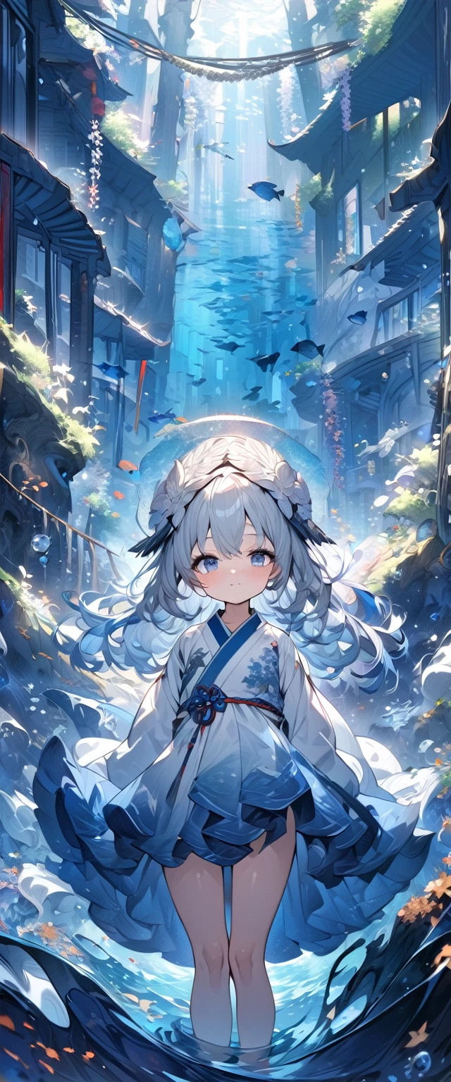 Highest quality,masterpiece,Detailed Details,Super detailed,colorful,The background is the deep blue sea,Transparency,Use HDR technology to create a sense of depth,beautiful,beautiful自然,5 year old girl,Alone,Wearing the Great Sage&#39;s Robe,Stand in the center of the screen,The whole body faces this way,Look diagonally forward to the left,Put your right hand forward in a three-dimensional way,A star-like light from the right,Light magic from the right hand,Narrow and gentle eyes,mysterious,Silver hair decorated with blue flowers,Fantasy atmosphere,beautiful虹色の蝶々is flying in the air