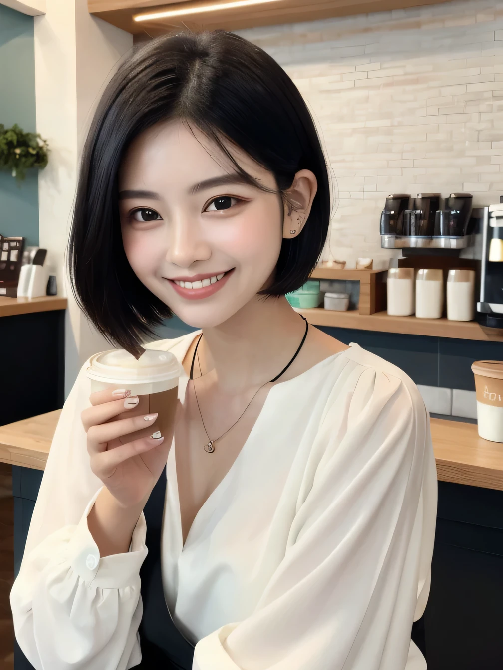Clear Beauty、Short Haircut、 smile、Beautiful teeth alignment、Black Hair、ear piercing、Necklace around the neck、Long sleeve blouse、The background is a coffee shop