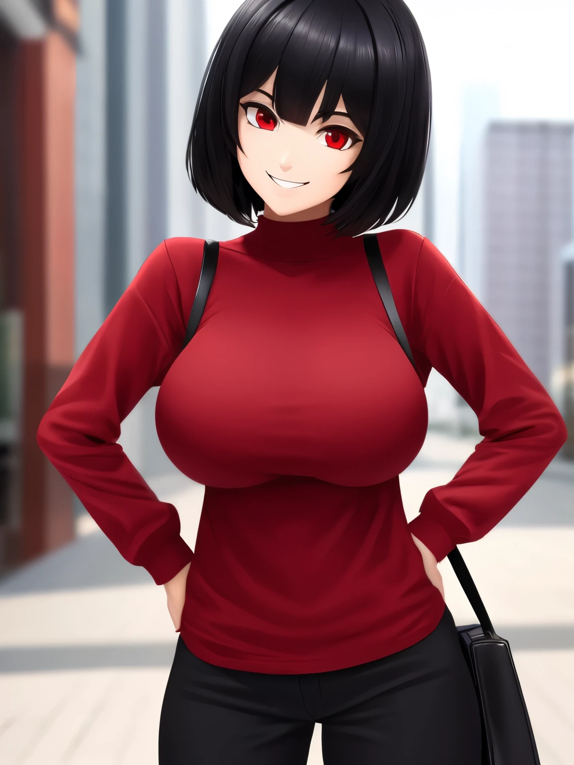 1female,Red shirt, long sleeve shirt,Bring a big black bag, long black trousers,,,black hair,short hair,red eyes,smile, half body photo,standing,very big breast ,ultra detail, ultra HD