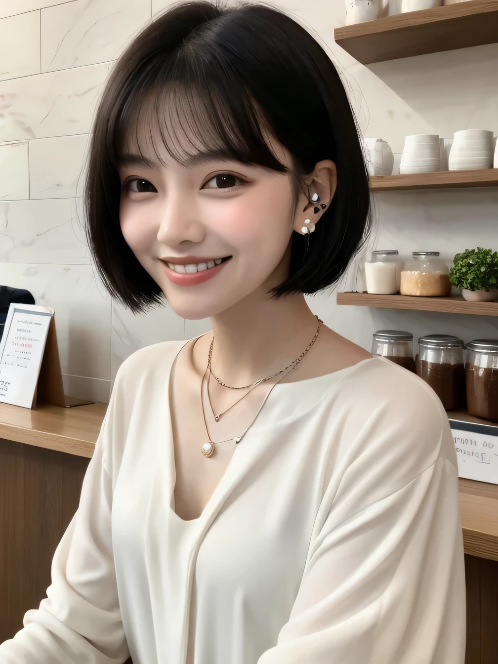 Clear Beauty、Short Haircut、 smile、Beautiful teeth alignment、Black Hair、ear piercing、Necklace around the neck、Long sleeve blouse、The background is a coffee shop