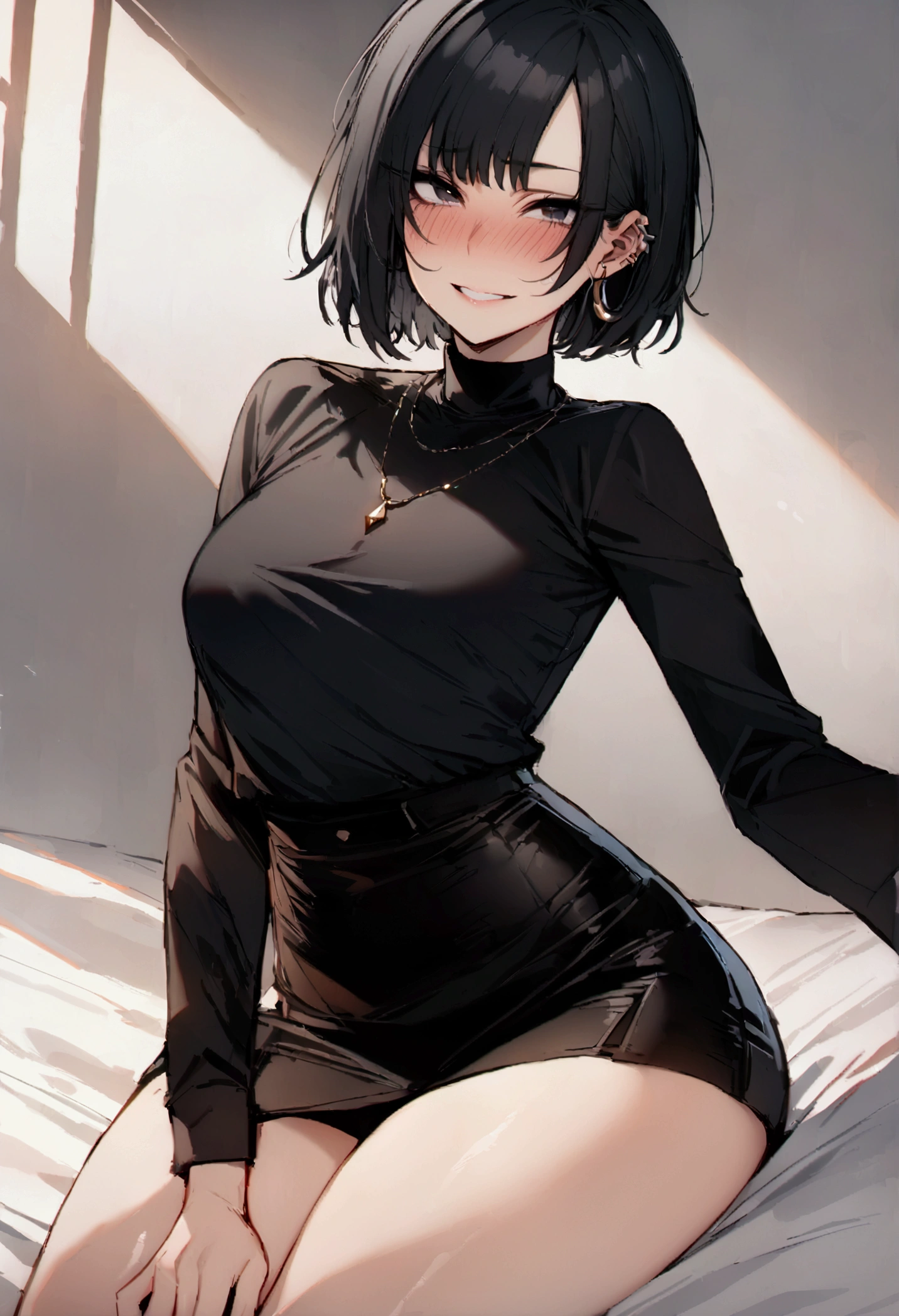 masterpiece, best quality 1girl, solo, beautiful woman, bangs, black hair, short hair, bob cut, black eyes, deep blush, grin, medium breasts, ear ring, necklace, black turtle neck sweeter, short black skirt, plated skirt, looking at viewer sitting on bed