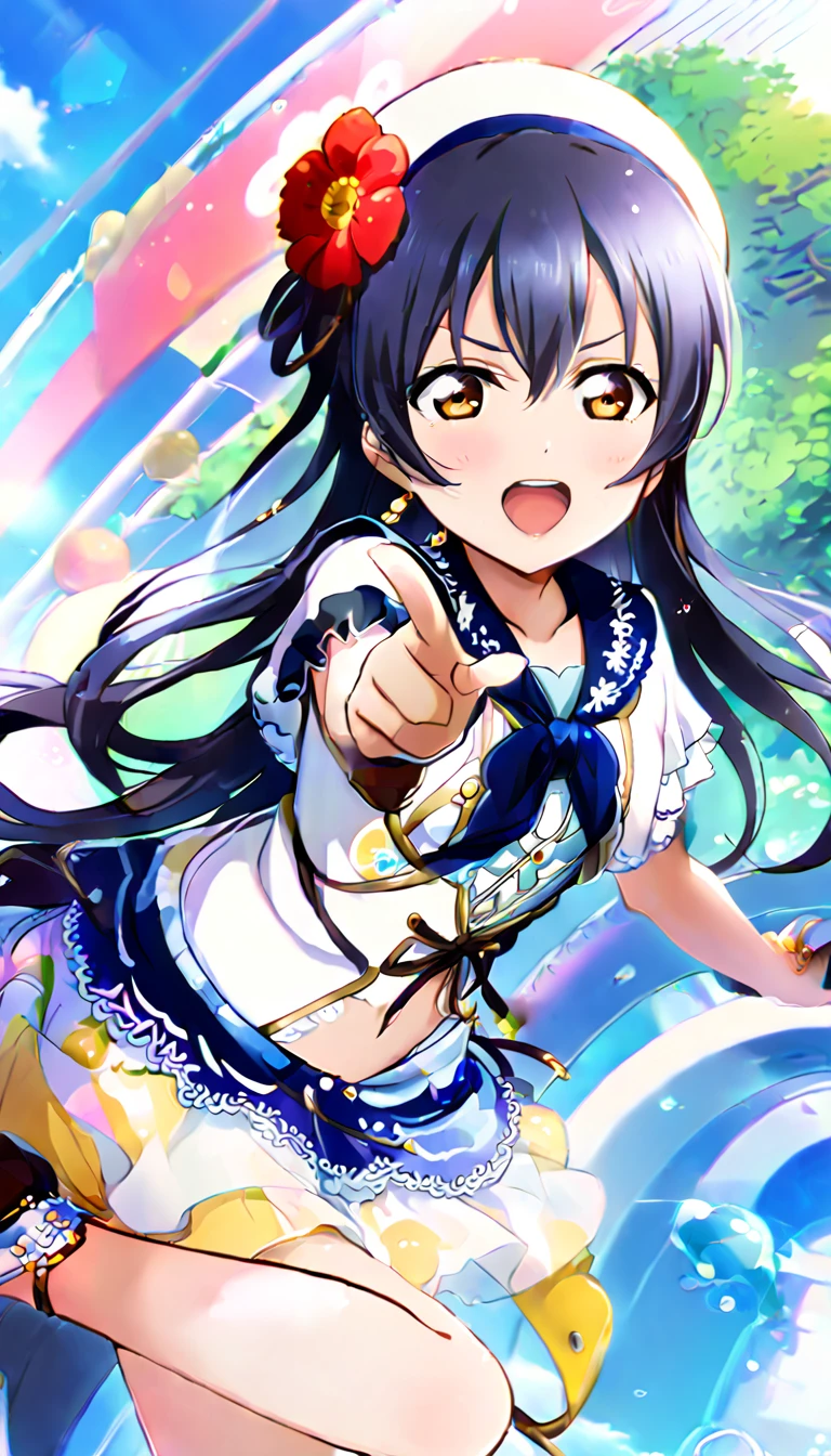 One girl, Umi Sonoda's whole body, wearing clothes for going out in the city in midsummer, id_umi_sonoda,Pointing at the viewer, town background