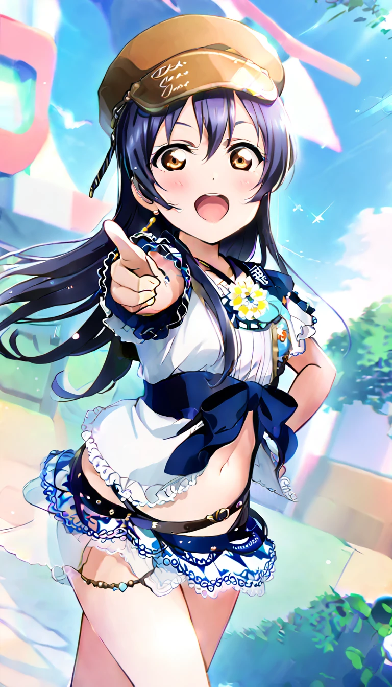 One girl, Umi Sonoda's whole body, wearing clothes for going out in the city in midsummer, id_umi_sonoda,Pointing at the viewer, town background