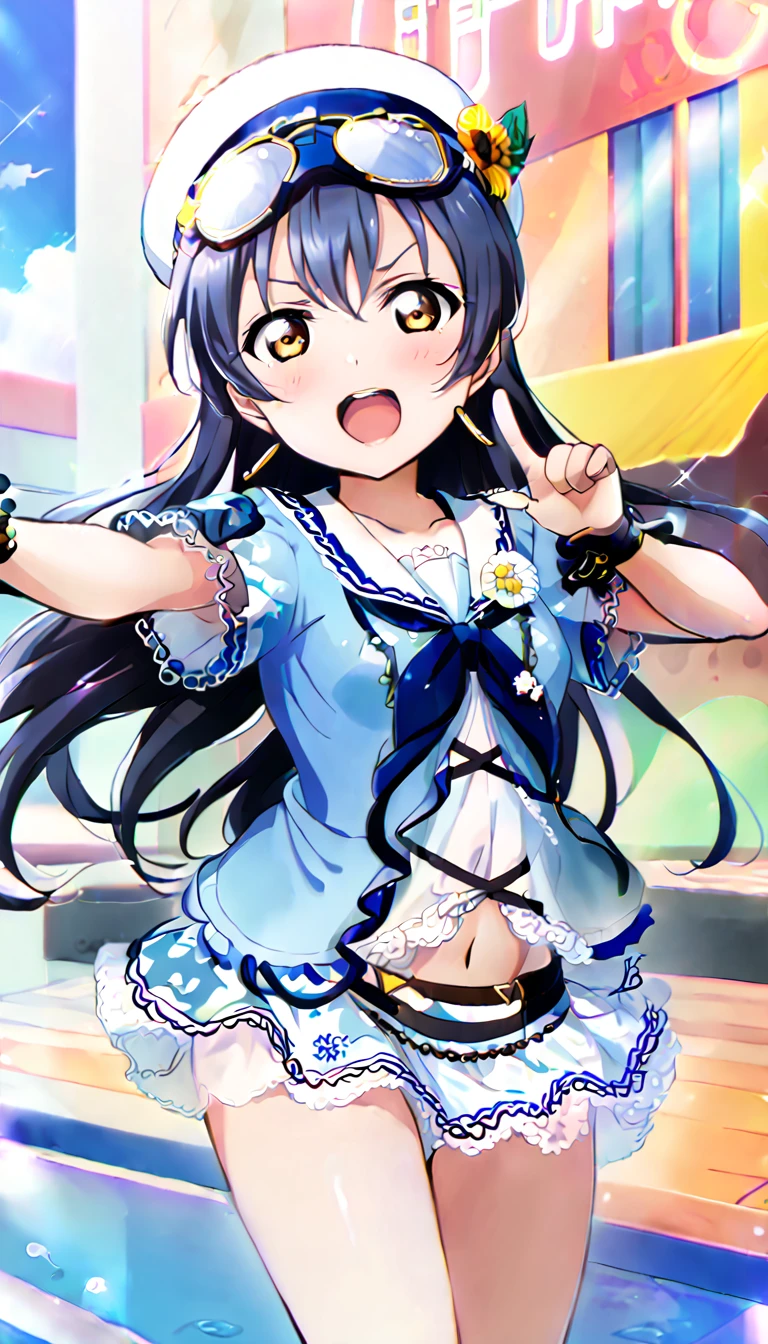 One girl, Umi Sonoda's whole body, wearing clothes for going out in the city in midsummer, id_umi_sonoda,Pointing at the viewer, town background