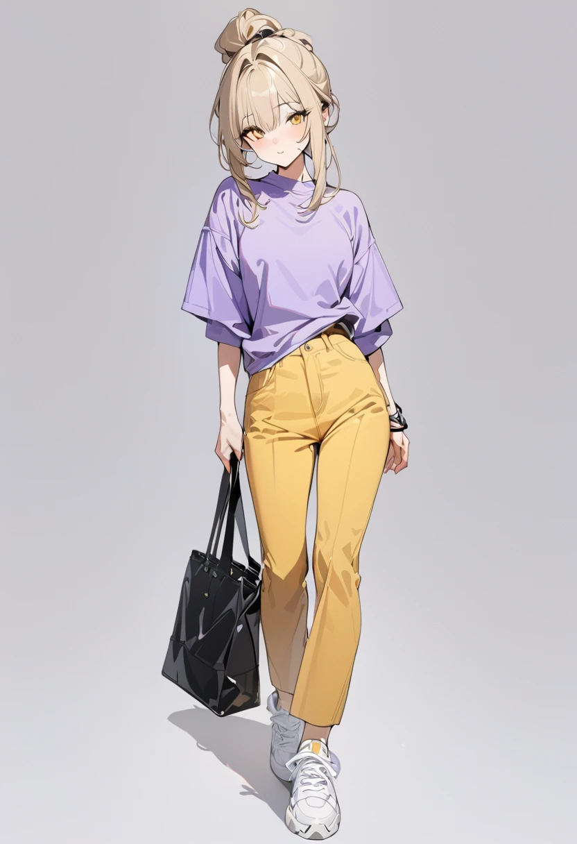 (Masterpiece, highest quality: 1.2, 8K), center, full body, one girl, purple shirt, yellow pants, stylish fashion, simple sneakers, simple background, pure white background #fff fff, open eyes, delicate eyes , 20 years old adult