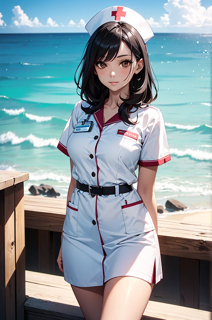A woman with white skin, black hair, brown eyes using a nurse uniform and an glass next to an beautiful beach
