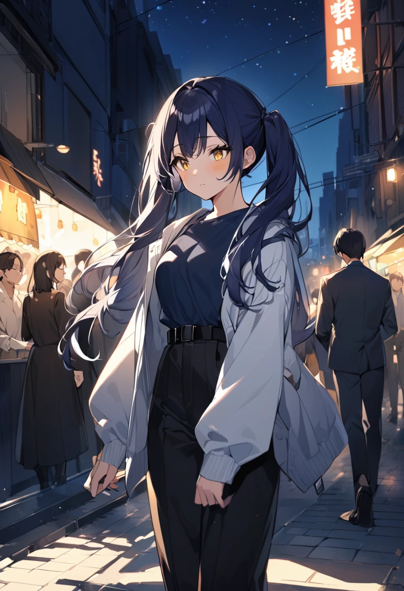 アニメ アニメ - a girl with long Dark navy blue hair, アニメ, アニメ girl アニメ dress black, アニメ female, twintails, yellow eyes, long hair, pants, solo focus, 1girl, Dark navy blue hair, long sleeves, night, jacket, Black belted trousers, outdoors,Great shade
