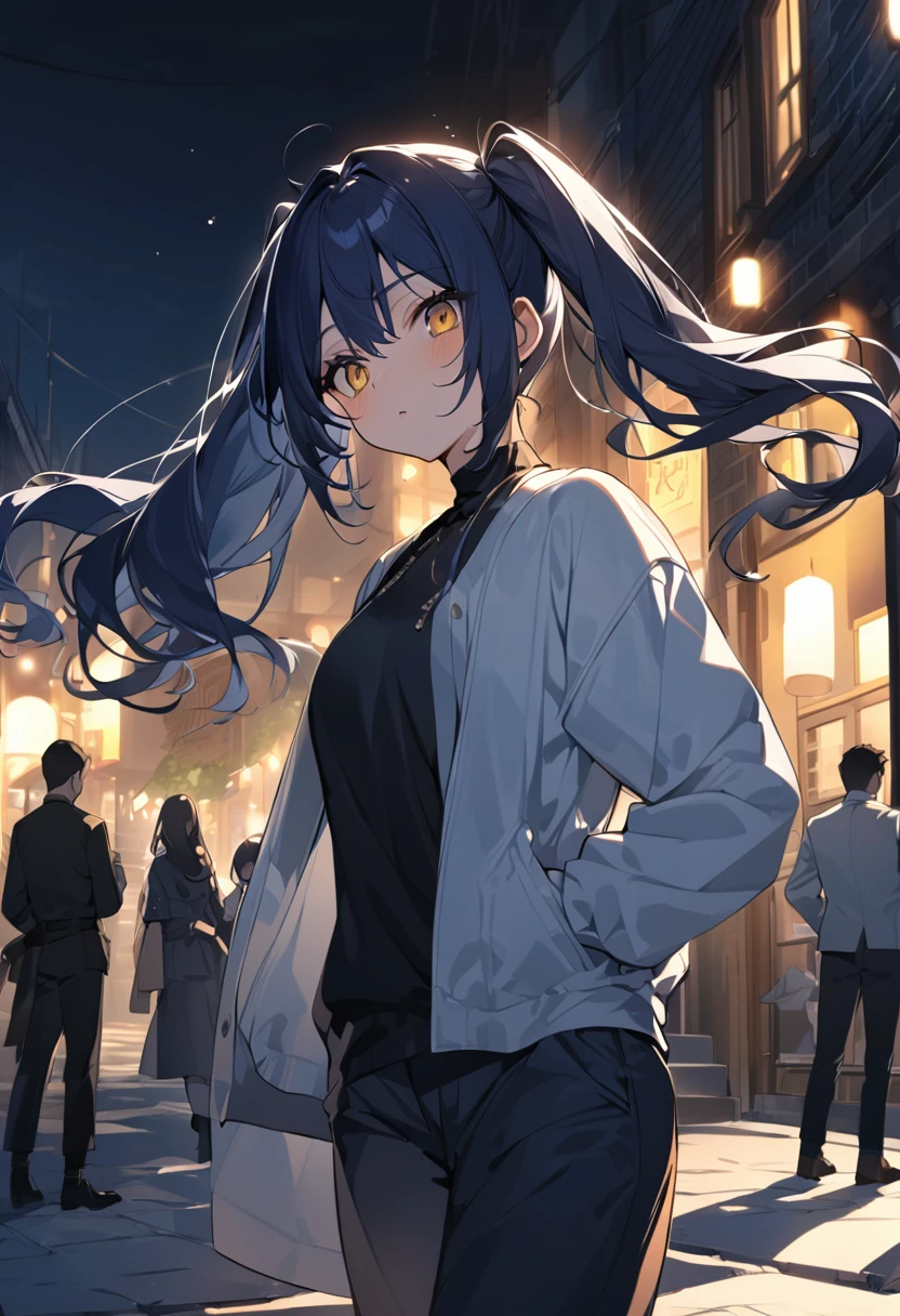アニメ アニメ - a girl with long Dark navy blue hair, アニメ, アニメ girl アニメ dress black, アニメ female, twintails, yellow eyes, long hair, pants, solo focus, 1girl, Dark navy blue hair, long sleeves, night, jacket, Black belted trousers, outdoors,Great shade