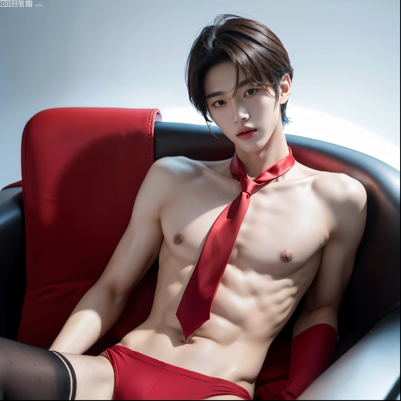 Korean handsome male idol,,pretty body,transparent clothes, Penis and breasts protrude, red tie , naked man,slave, Thin and skinny body type,reclining, Tight, penis visible,frail boy, flight attendant, black stockings, Adult products