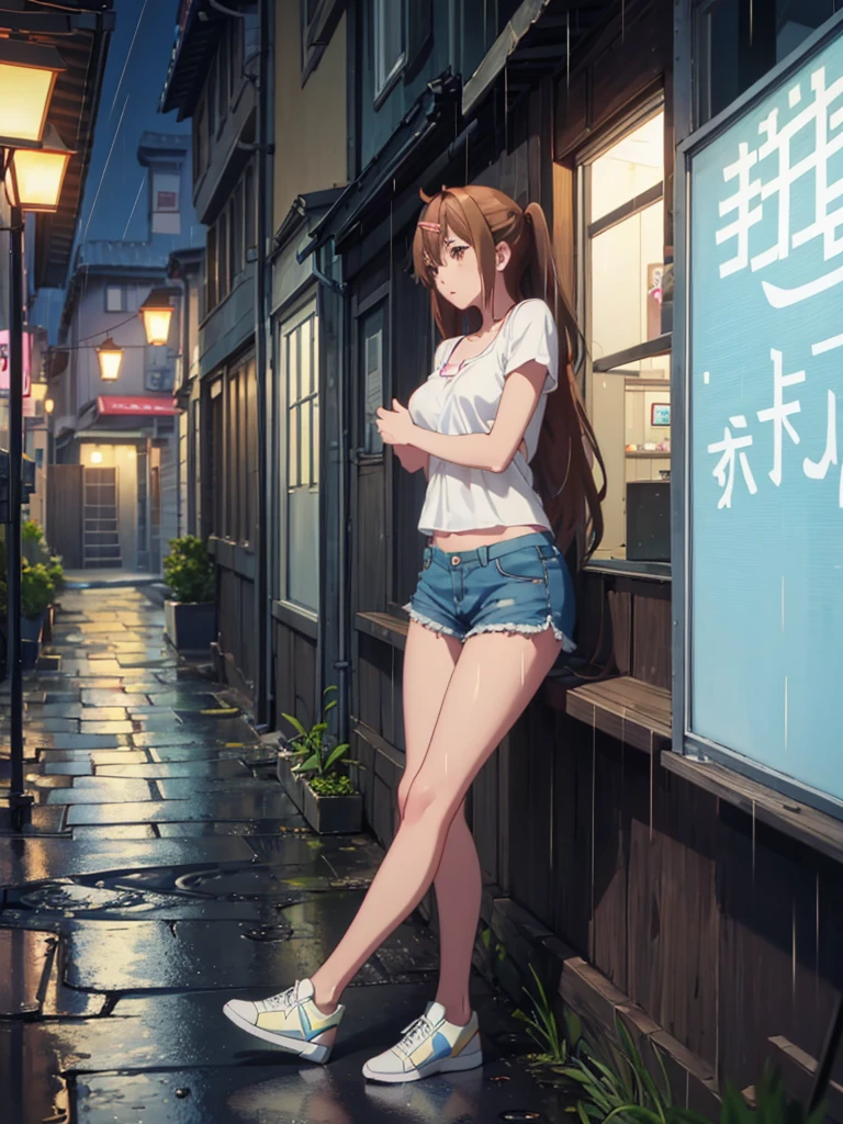 Girl, blue short, Unbuttoned Blouse, You can see her breasts,  Bare breasts, chest visible, street  background, Narrow passage between houses, night, rain, slim body, In full growth, Sneakers , small breast, 