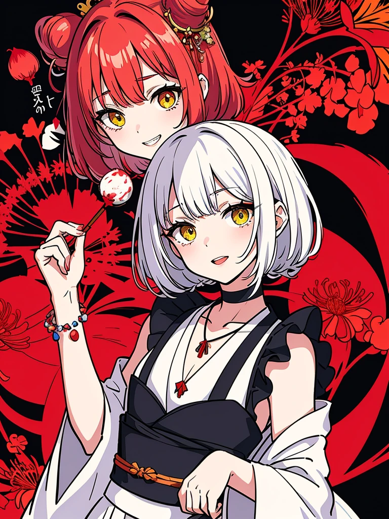 (top-quality、hight resolution、8k、masterpiece:1.2)。Curvaceous but slender、Muchimuchi Body、The whole area is filled with Red Spider Lily、Red spider lily in bloom、A woman sits in the middle of a red spider lily in full bloom。With a mysterious look、Kimono and double teeth are characteristic.。Wearing a kimono splattered with blood、I'm holding some kind of murder weapon in my hand.。The crazy expression and the gap between her and the Red Spider Lily further enhance her beauty。Half-taken kimono、accessorized、mole、Eyebrows、double tooth、canine teeth、poneyTail、Muscular nose、Clear detailed green eyes、red blush、a choker、Fleshy lips、Physical beauty、well-muscled、Mysterious fashion、Anime style、animesque、unreal、Fashion based on red and white、Backgrounds with depth、The background is 10,000 Red Spider Lilies spread all over the area、a necklace、Braceletisanga、arm band、Light and Wall Co-star、A small black cat clinging to his shoulder、Original face、(dark themed:1.3)、Dark Fantasy、