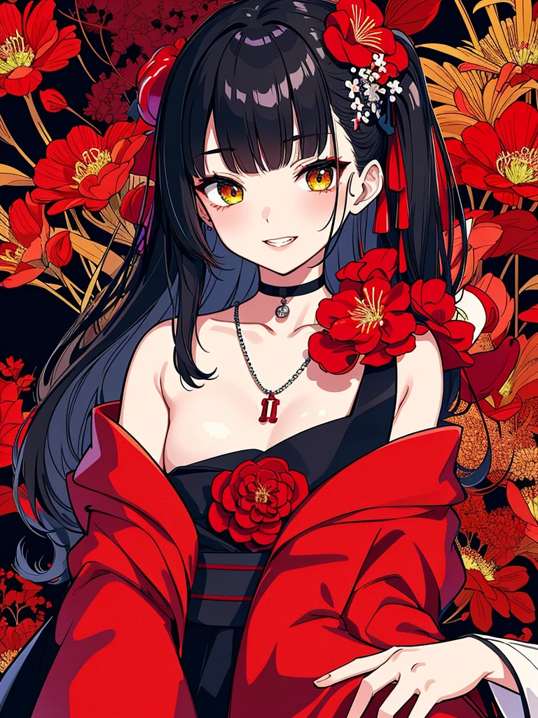 (top-quality、hight resolution、8k、masterpiece:1.2)。Curvaceous but slender、Muchimuchi Body、The whole area is filled with Red Spider Lily、Red spider lily in bloom、A woman sits in the middle of a red spider lily in full bloom。With a mysterious look、Kimono and double teeth are characteristic.。Wearing a kimono splattered with blood、I'm holding some kind of murder weapon in my hand.。The crazy expression and the gap between her and the Red Spider Lily further enhance her beauty。Half-taken kimono、accessorized、mole、Eyebrows、double tooth、canine teeth、poneyTail、Muscular nose、Clear detailed green eyes、red blush、a choker、Fleshy lips、Physical beauty、well-muscled、Mysterious fashion、Anime style、animesque、unreal、Fashion based on red and white、Backgrounds with depth、The background is 10,000 Red Spider Lilies spread all over the area、a necklace、Braceletisanga、arm band、Light and Wall Co-star、A small black cat clinging to his shoulder、Original face、(dark themed:1.3)、Dark Fantasy、
