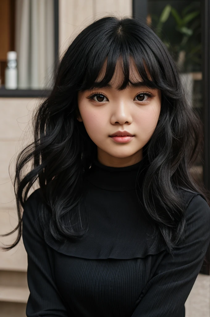 Girl with black hair, curly,fringe,round face, with big lenses, small lips, small eyes, dressed in a black long-sleeved high-neck blouse