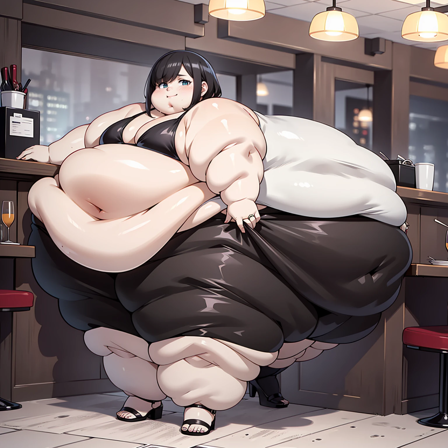 1 girl in, baby, , blushing, short hair, short black hair, black bikini, in a restaurant, SMILE, gordo, very fat, Morbid obesity, extreme extreme obesity, immonile obese, obese, Extreme fat mass, cara obese, muslos very fats, swollen fat legs, detailed perfect hands, big fat belly very swollen, obese weight, still weight, ssbbw, ssbbw, motionless fat woman, obese weight, still weight, WeightChubby, PesoObeso, WeightImmobile,