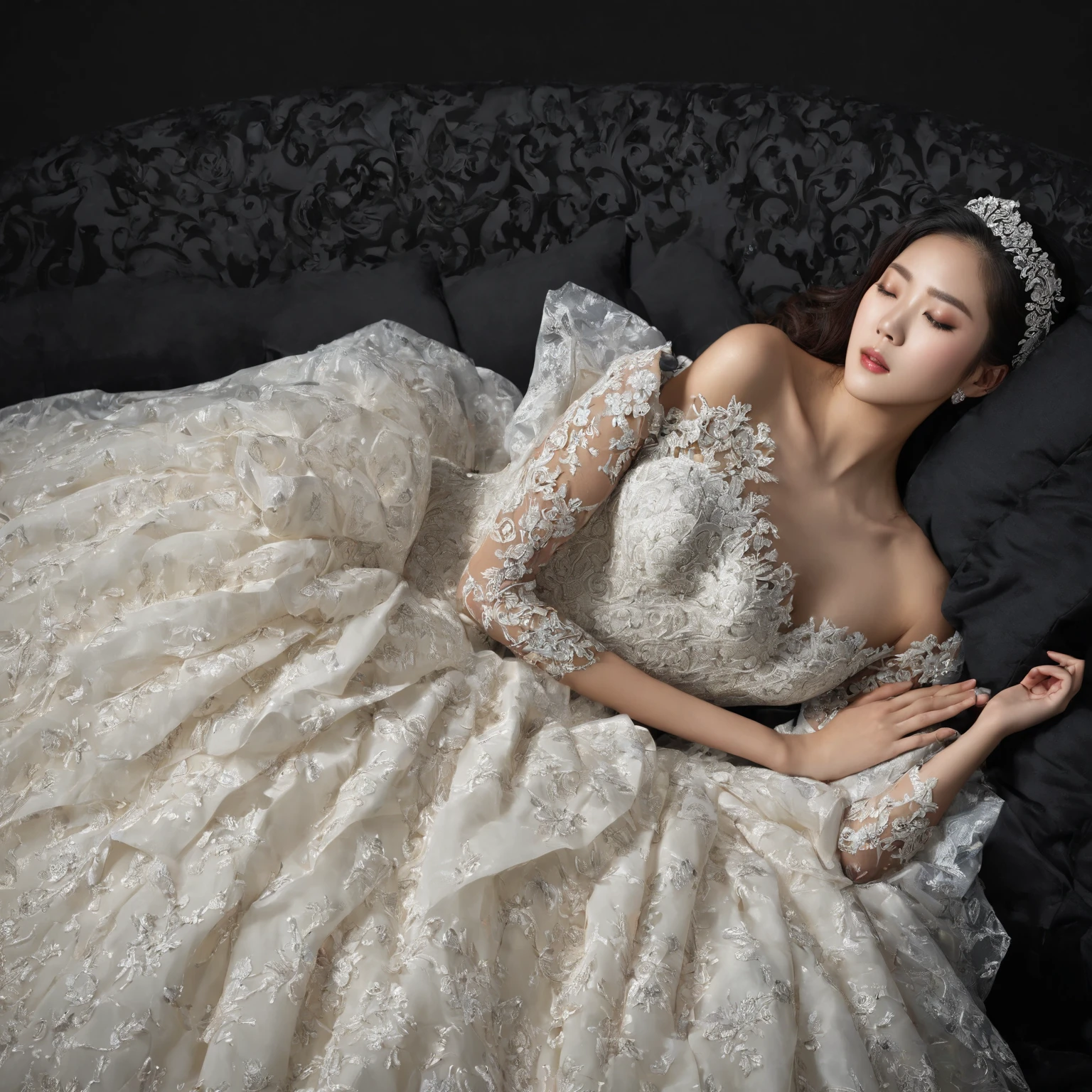 In a striking 8K HDR scene, a stunning Korean woman, 22 years old, lies peacefully in a black coffin surrounded by plush pillows. The deep box is set against a rich black background, accentuating the beauty of the subject. Her exquisite deep-V neckline ba11lgown attire is embroidered with superb detail, see-through wedding dress with flower-shape lace, showcasing her round and firm breasts, perfect cleavage, and beautiful eyebrows. Her closed eyes and mouth give an air of serenity, while her visible and absolute cleavage leave nothing to imagination. The scene is bathed in saturated colors, highlighting every intricate aspect from the ball skirt to her clean face, straight body, detailed hand perfect hands, straight body, own hands together, own hand on stomach, detailed hands, perfect hands.