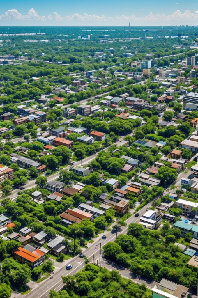 An image of a city with a lot of vegetation , and people recycling
