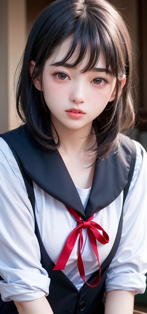 (1 nogizaka girl,ars old face,raw photo,photo realistic:1.5),(best quality, high quality,HDR, highest quality,ultra high resolution,high resolution,high res,ultra high difinition,huge file size,8K,2K wallpaper,8K wallpaper,high quality texture,amazing,an extremely delicate:1.4),one girl, Japanese famous idol,cute face,small face,absurd,ridiculous,incredibly ridiculous,blurry background,(school uniform,sailor suit,short hair,cleavage,no makeup:1.2),medium skin,beautiful skin,detailed skin,black hair,silky hair,black eyes,Japanese nose,5-fingers,(Light Particles, Lens Flare, Luminous Particles: 0.7),looking at viewer,small hands,bright lighting,professional lighting,girl