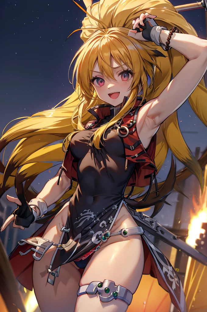 xiaomu,ahoge,yellow hair,ponytail,fox ears,chinese clothes,(black china dress,red vest),(long loincloth:1.3),fingerless gloves,jewelry,bracelet,smile,open mouth,middle breasts,slender,Thighs,chibi,(white panty),panty shot, (dynamic pose),masterpiece,Noise Reduction,perfect anatomy,high resolution, ultra-detailed, ultra-detailed face,game cg,dutch angle ,beautiful detailed eyes,visualart,five fingers, perfect hands, perfect lighting,