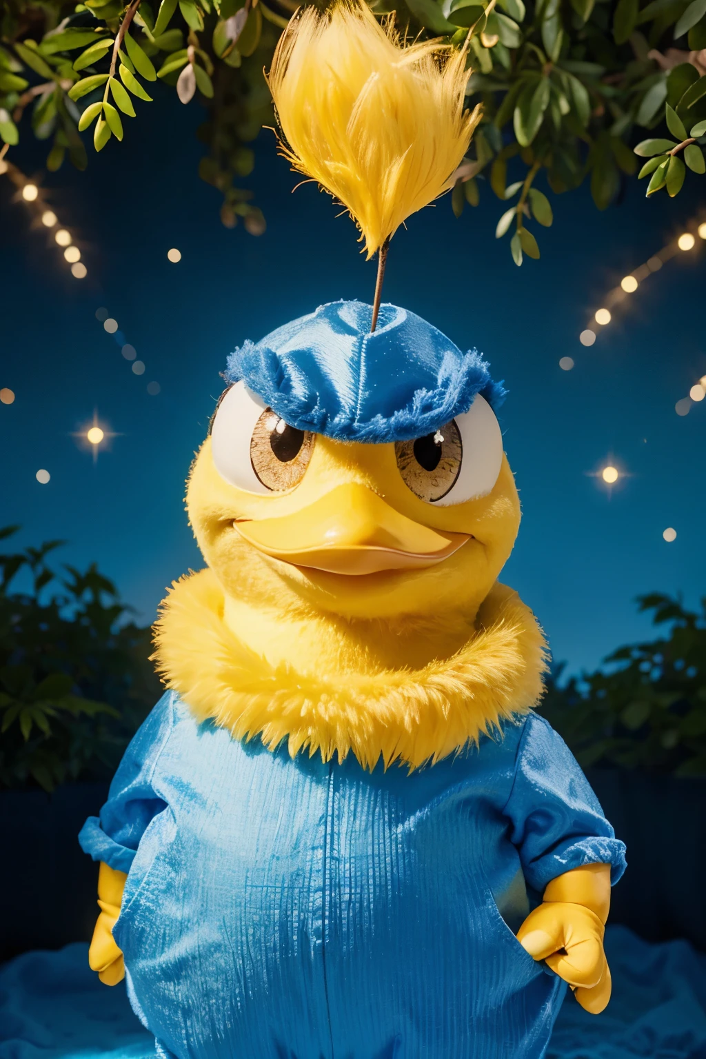 Disney Pixar Smiley Duck character yellow fluff, On a happy blue and red background, Enchanted forest.