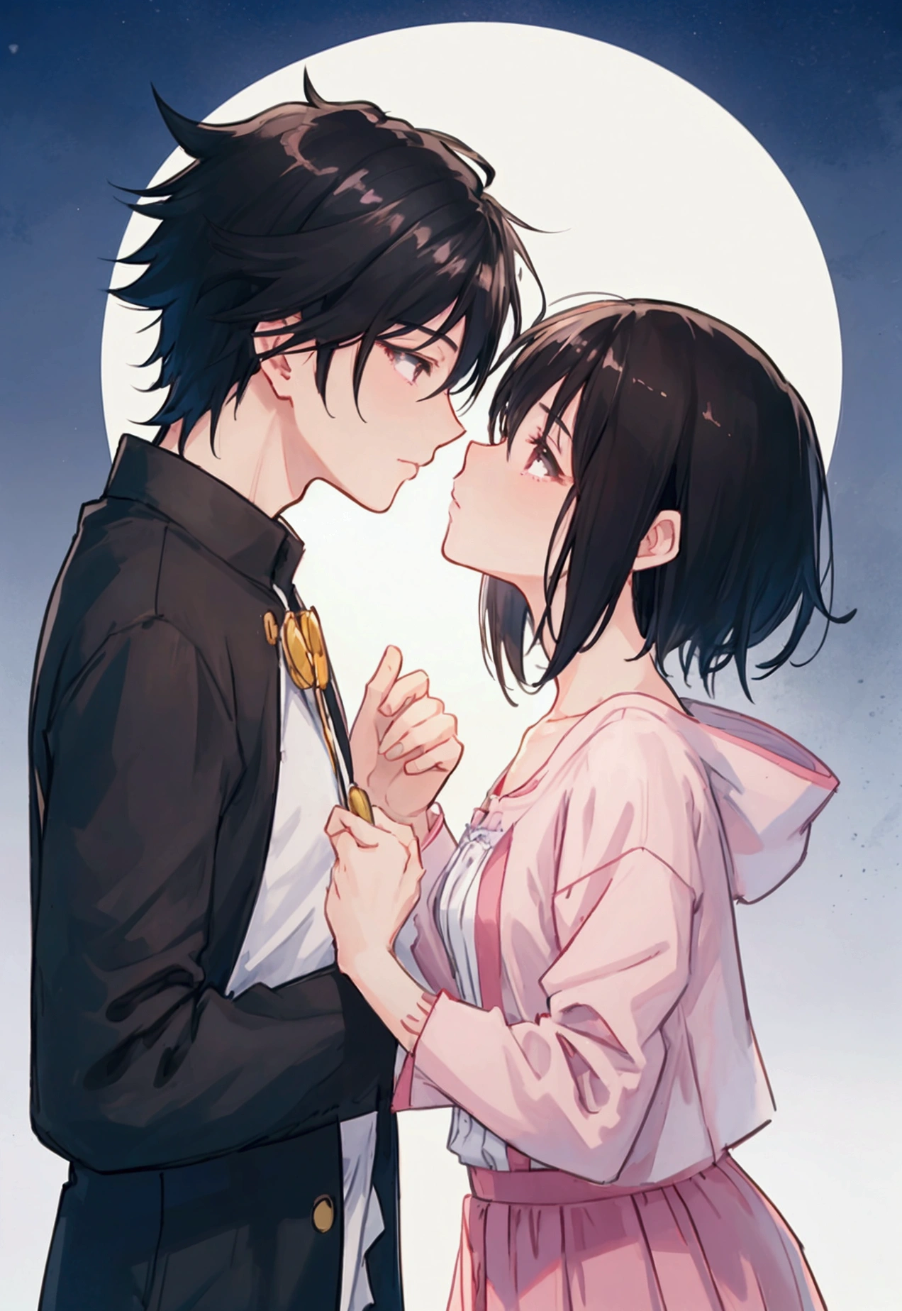 chopped shot of a boy and a girl with loose black hair looking at each other and kissing, kiss, kissing, love concept art, shojo romance, animated background art, high quality fanart, makoto shinkai style, 4k manga wallpaper , warm and beautiful scene, beautiful anime, animated background, adorable