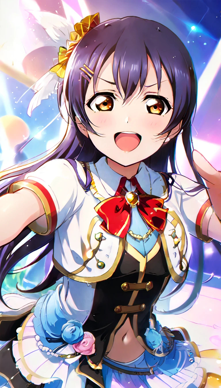 1girl, Umi Sonoda, upper body, idol costume, smile, id_umi_sonoda,Pointing at the viewer