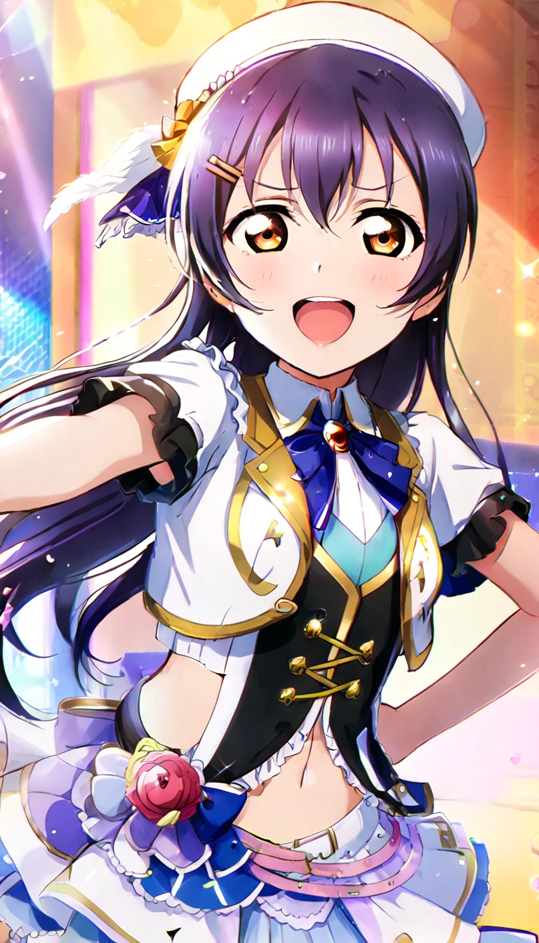 1girl, Umi Sonoda, upper body, idol costume, smile, id_umi_sonoda,Pointing at the viewer