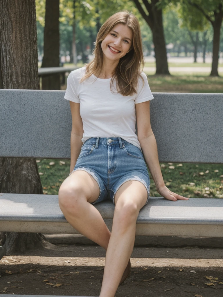 Chloe Laurent, 1girl, solo, realistic, (((consistent face and image))), ((Caucasian mature)), ((French woman)), ((French nose)), ((French lips)), ((French body and skin)), ((upper body and upper legs)), A model wearing blue jeans and a simple t-shirt sitting on a park bench, smiling