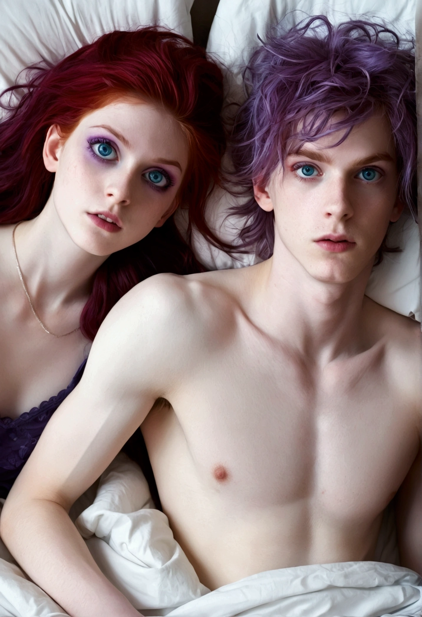 pale skin boy, big purple eyes, disheveled purple hair and red hair girl, blue eyes fucking in bed