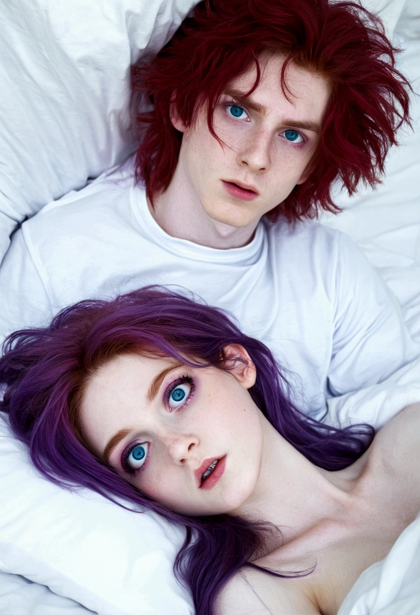 pale skin boy, big purple eyes, disheveled purple hair and red hair girl, blue eyes fucking in bed
