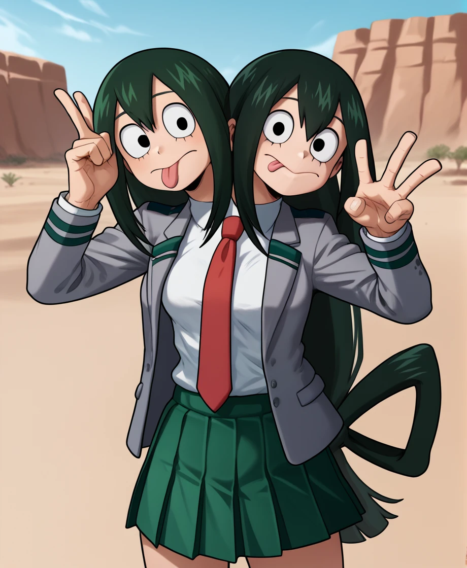 Two heads, conjoined, àscore_9_up, score_8_up, score_7_up, upper body, 1girl, Asui Tsuyu\(boku no hero academia\), green hair, very long hair, low-tied long hair, tied hair, black eyes, medium breasts, long_tongue, :p, tongue out, u.a._school_uniform, grey jacket, blazer, long sleeves, white collared shirt, red necktie, green skirt, pleated skirt, black socks, brown loafers
, outdoors, in a desert, sand, source_anime, anime style