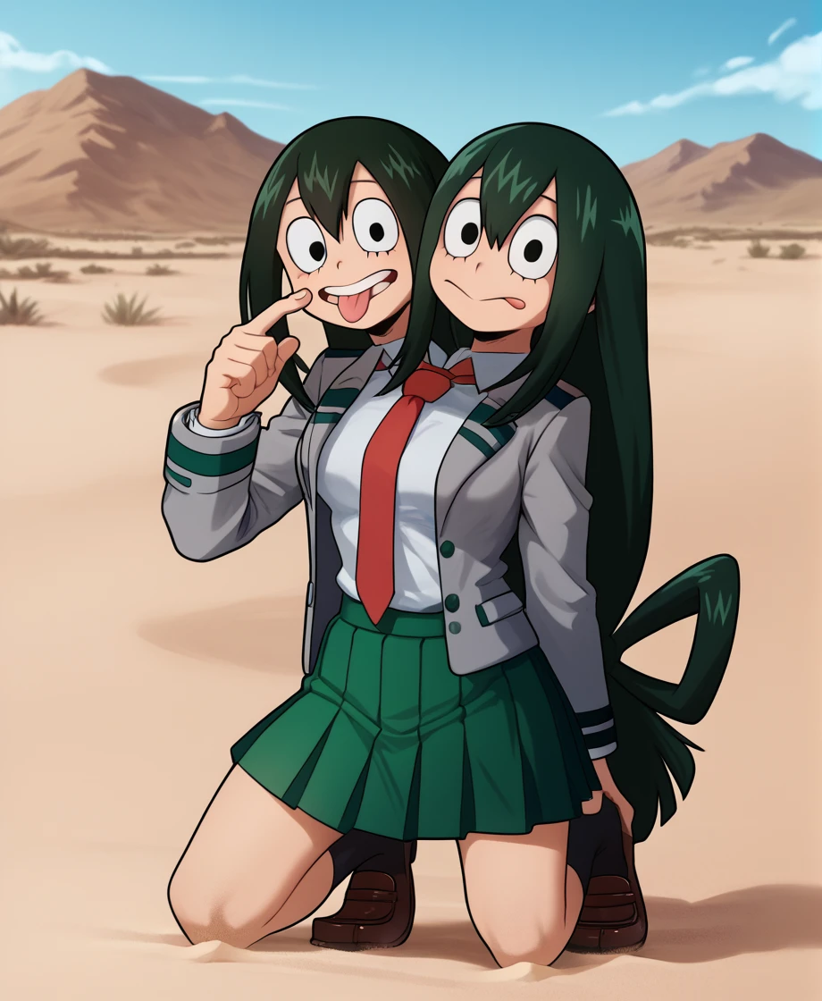 Two heads, conjoined, àscore_9_up, score_8_up, score_7_up, upper body, 1girl, Asui Tsuyu\(boku no hero academia\), green hair, very long hair, low-tied long hair, tied hair, black eyes, medium breasts, long_tongue, :p, tongue out, u.a._school_uniform, grey jacket, blazer, long sleeves, white collared shirt, red necktie, green skirt, pleated skirt, black socks, brown loafers
, outdoors, in a desert, sand, source_anime, anime style