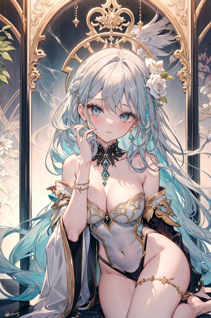High resolution RAW color art, animation,Sculpture, Silver Marble Skin, (((Highly detailed elegant))), Magical atmosphere, Detailed skin, texture,(Exquisitely crafted, The finer details, Ultra-detailed art), Depth of written boundary, Silky Touch, Hyper Detail, White Background, Beautiful Eyes, Elegant face, Sunset sky,, Ivory Rose, eye shadow、(Highest quality:1.2, High detail, masterpiece:1.2, Best aesthetics), (1 Girl), Beautiful woman, Beautiful attention to detail, Beautiful lip detail, Highly detailed face, Delicate depiction of hair and eyes, Detailed Fashion, Aqua Eye, Earrings, Big Breasts,Full body depiction, ,Focus on the user, Bare legs, Black nails, Black off-the-shoulder, Black shorts, Gray Hair, Gold bracelet, Long Hair, Light blue inner hair、Hair、Blushing and looking up、tall、cool