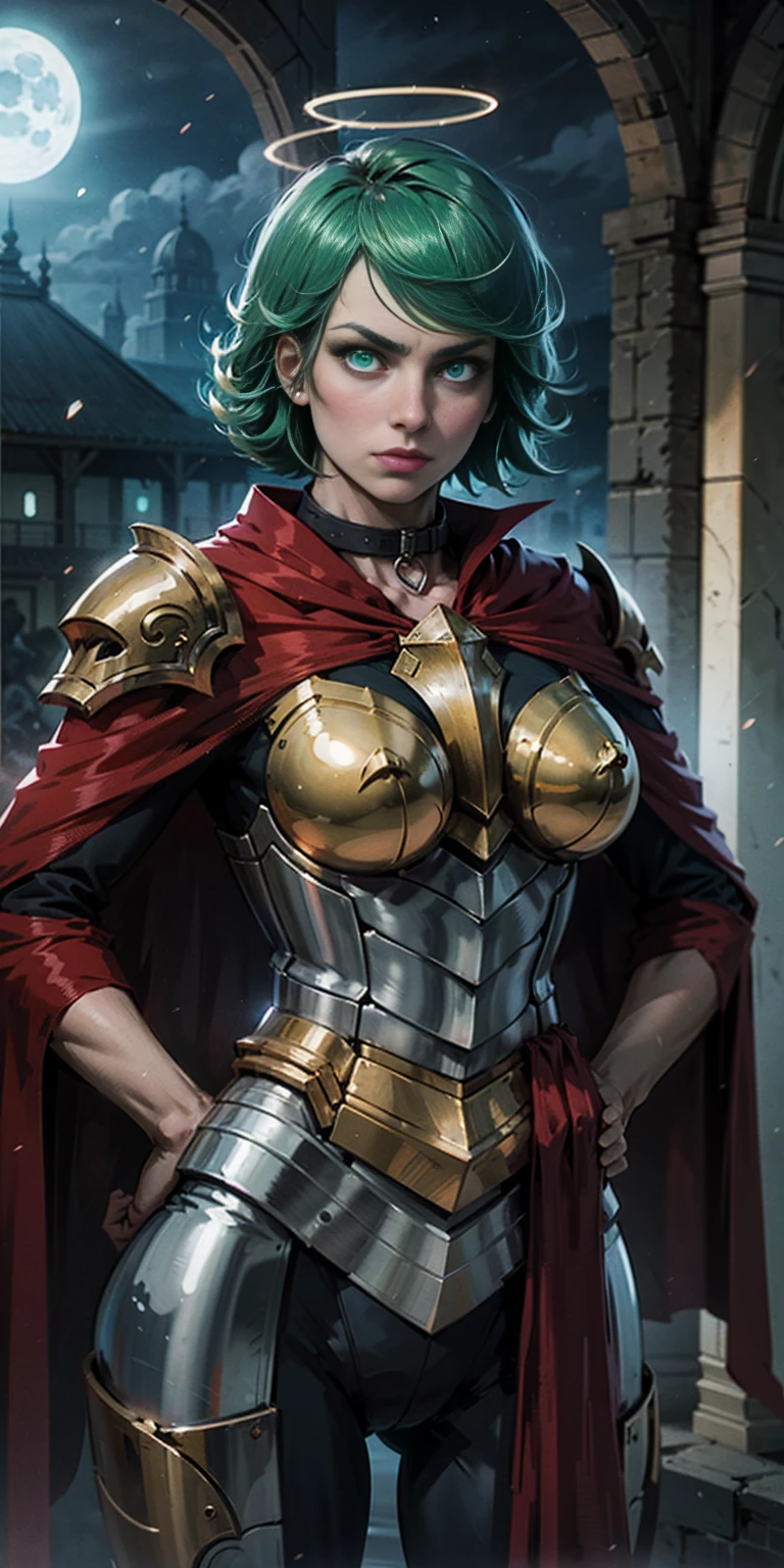 upper body of paladin lady in ornate golden armor, black collar, pauldrons, breastplate, corset, golden glowing halo over head, short bob hair, GREEN HAIR, GREEN glowing eyes, bright pupils, eye focus, red cape, temple indoors, stained glass windows, night, moonlight, particles, light beam, chromatic aberration, (hands on hips, clenching fist 👊 ✊️)