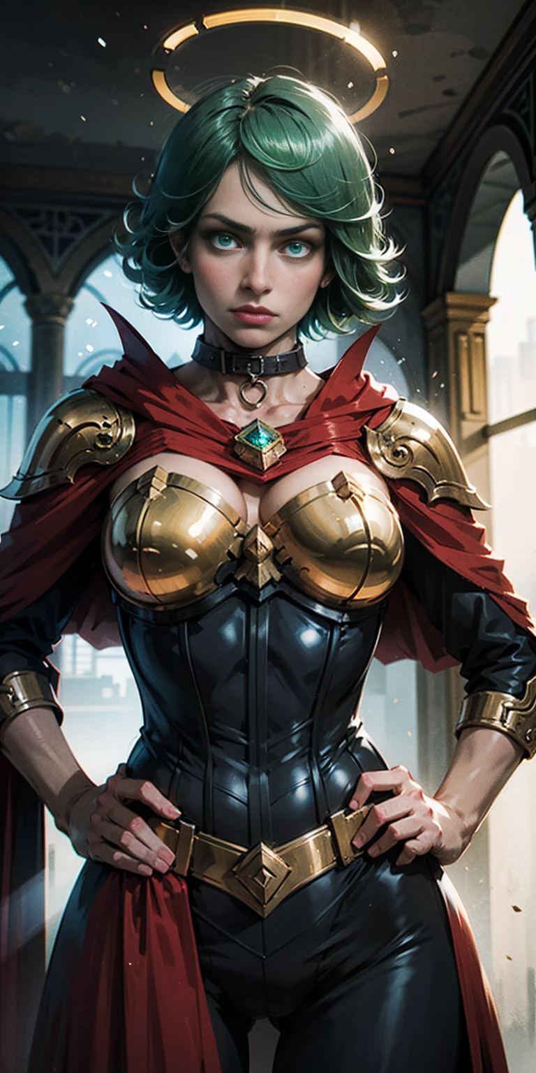 upper body of paladin lady in ornate golden armor, black collar, pauldrons, breastplate, corset, golden glowing halo over head, short bob hair, GREEN HAIR, GREEN glowing eyes, bright pupils, eye focus, red cape, temple indoors, stained glass windows, night, moonlight, particles, light beam, chromatic aberration, (hands on hips, clenching fist 👊 ✊️)