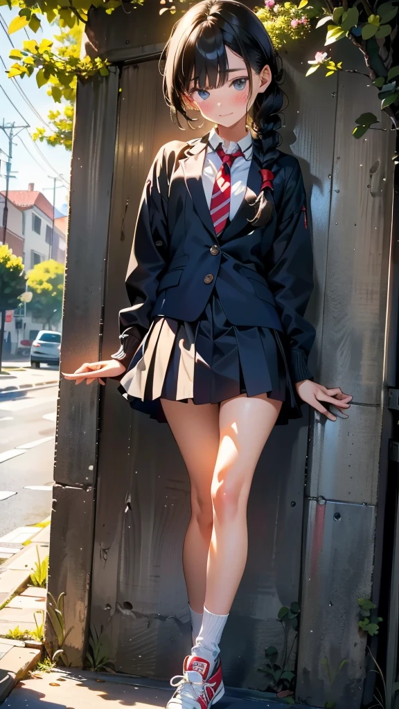 (8K, RAW Photos, 最high quality, masterpiece:1.2), high qualityのRAWカラー写真, Professional photo shoot, Cinematic Light, alone, (((young woman, Gal))), (Sharp features), (Small face), (Skin with attention to detail:1.2), clavicle, Cute face, Beautiful appearance, Long eyelashes,Girl Turning Around, (Embarrassing)、(blush)、Looking down、Worried eyebrows, (Black Hair, Braid), high school student, Red tie, High School Uniform:1.2, Black jacket, Open jacket, Jacket cuff buttons, White shirt, Check skirt, Night Park, Birds chirping, Anxious attitude, Capture the happy moment, Artistic painting,Attractive thighs, sneakers:1.2, (Very nice touch:1.2), (Troubled expression), Peaceful atmosphere, Oil painting style, Bright colors, (Are standing:1.5, lean on a tree, Full body portrait), Smooth texture, Keep your eyes down, Beautiful Skin, Shiny skin, ((Perfect Fingers, Five Fingers, Anatomically correct)), Background Blur, high quality, Surreal, ((Very detailed, photo shoot)),(Skirt flip、Her sexy panties are visible),,(((Skirt flip、Sexy panties visible)))、(avert your eyes)、((View from below、Close-up on crotch))、Pull down your panties、Take off your panties、Thin pubic hair is visible