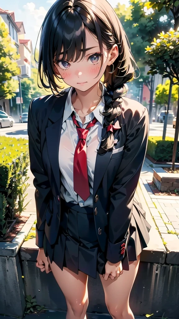 (8K, RAW Photos, 最high quality, masterpiece:1.2), high qualityのRAWカラー写真, Professional photo shoot, Cinematic Light, alone, (((young woman, Gal))), (Sharp features), (Small face), (Skin with attention to detail:1.2), clavicle, Cute face, Beautiful appearance, Long eyelashes,Girl Turning Around, (Embarrassing)、(blush)、Looking down、Worried eyebrows, (Black Hair, Braid), high school student, Red tie, High School Uniform:1.2, Black jacket, Open jacket, Jacket cuff buttons, White shirt, Check skirt, Night Park, Birds chirping, Anxious attitude, Capture the happy moment, Artistic painting,Attractive thighs, sneakers:1.2, (Very nice touch:1.2), (Troubled expression), Peaceful atmosphere, Oil painting style, Bright colors, (Are standing:1.5, lean on a tree, Full body portrait), Smooth texture, Keep your eyes down, Beautiful Skin, Shiny skin, ((Perfect Fingers, Five Fingers, Anatomically correct)), Background Blur, high quality, Surreal, ((Very detailed, photo shoot)),(Skirt flip、Her sexy panties are visible),,(((Skirt flip、Sexy panties visible)))、(avert your eyes)、((View from below、Close-up on crotch))、Pull down your panties、Take off your panties、Thin pubic hair is visible