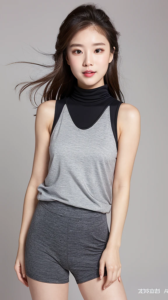 vivid,Normal chest,((between legs)),cute,(Detailed face),cloth,Sharp Eyes,Turtleneck sleeveless sporty lightweight(Grey plastic)Clothes,Ultra-high resolution,（Photorealistic：1.7）,Black braid,Gray background,