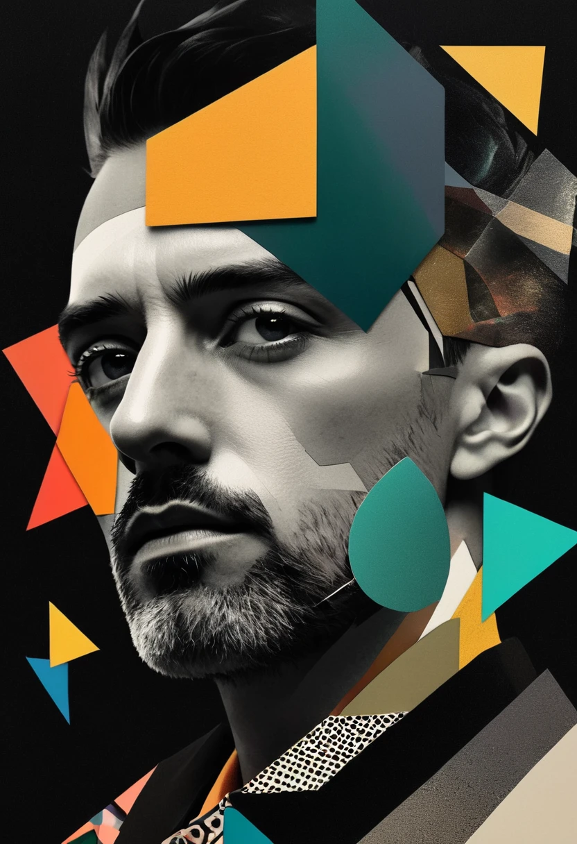 surreal portrait of a man, dadaism, ultra-detailed, photorealistic, abstract minimalist geometric shapes, multi-layered collage, fragmented, negative space, dramatic lighting, high contrast, muted color palette, moody atmosphere, avant-garde, conceptual, (best quality,4k,8k,highres,masterpiece:1.2),ultra-detailed,(realistic,photorealistic,photo-realistic:1.37)