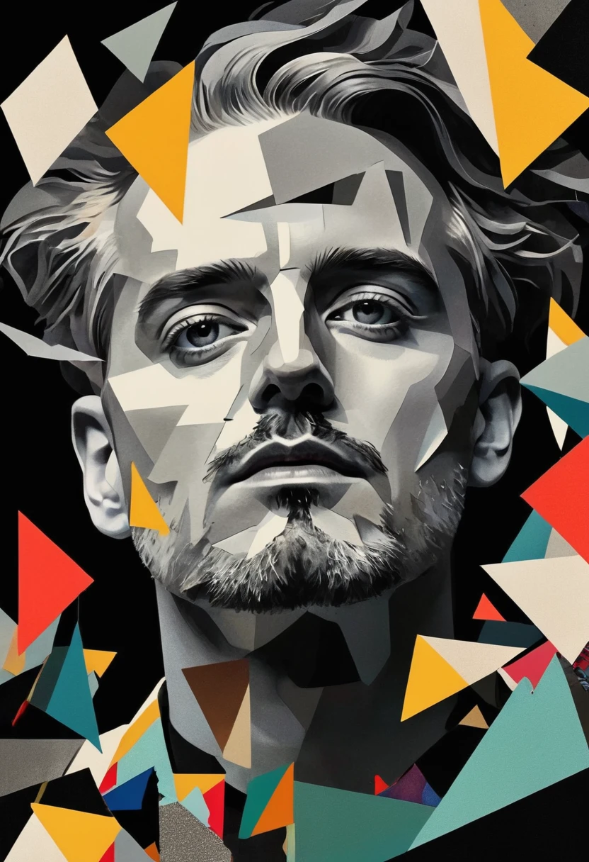 surreal portrait of a man, dadaism, ultra-detailed, photorealistic, abstract minimalist geometric shapes, multi-layered collage, fragmented, negative space, dramatic lighting, high contrast, muted color palette, moody atmosphere, avant-garde, conceptual, (best quality,4k,8k,highres,masterpiece:1.2),ultra-detailed,(realistic,photorealistic,photo-realistic:1.37)