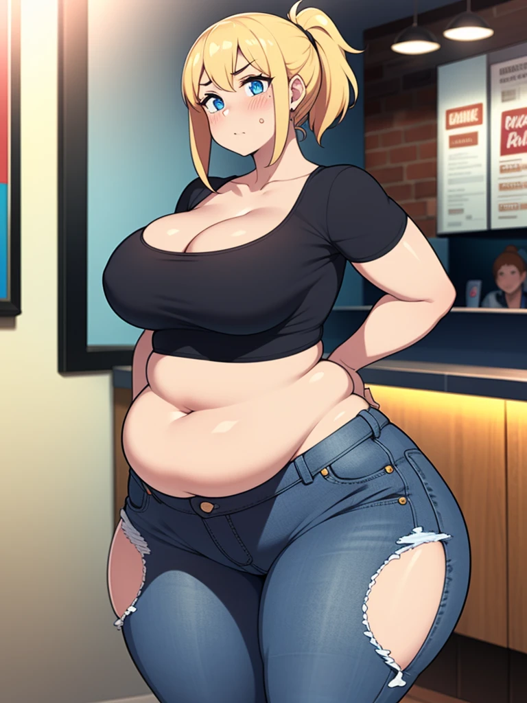 ((Masterpiece)), perfect anatomy, perfect shading, field of depth, (best quality), extremely delicate and beautiful, perfect lighting, detailed face, ultra cute face, cute, ((1girl)), ((solo))
short fluffy blonde hair, ponytail, blue eyes, ((blush)), nervous, looking at viewer, crop top, jeans, cleavage, large breasts, ((thick thighs)), (wide hips), chubby, chubby belly,
intricate background, detailed background, fast food restaurant, arms behind back,