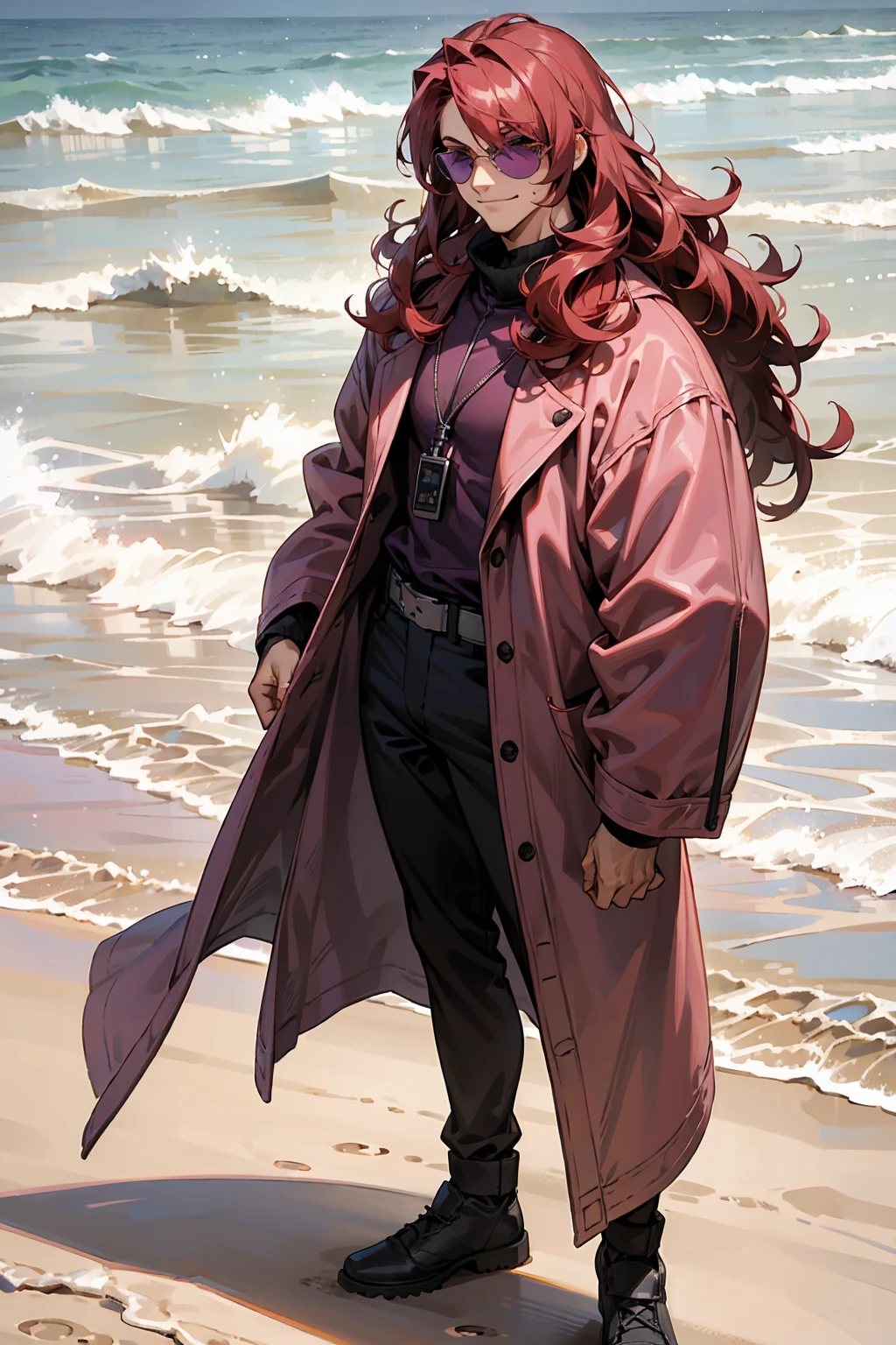 1male, Young Adult, Dark Red Hair, Light Pink Hair, , Muscular, Curly Hair, Two Toned Hair, Sunglasses, Magenta Colored Eyes, Smirk, Standing On Beach, Purple Coat, Long Hair