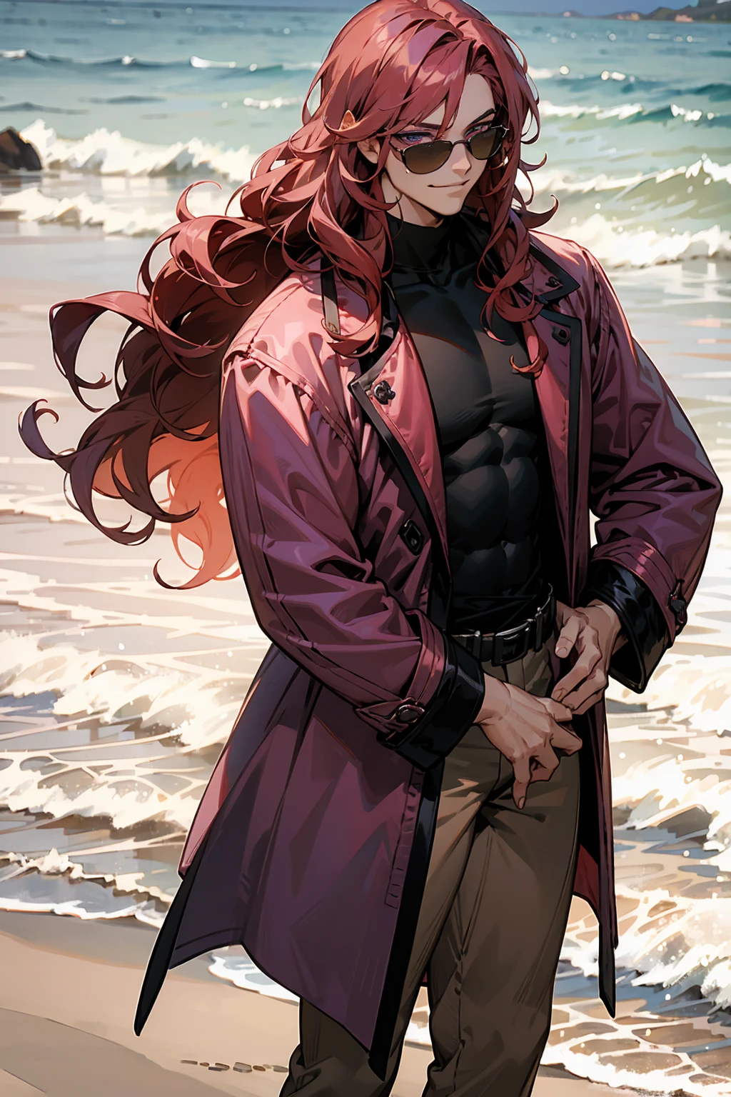 1male, Young Adult, Dark Red Hair, Light Pink Hair, , Muscular, Curly Hair, Two Toned Hair, Sunglasses, Magenta Colored Eyes, Smirk, Standing On Beach, Purple Coat, Long Hair