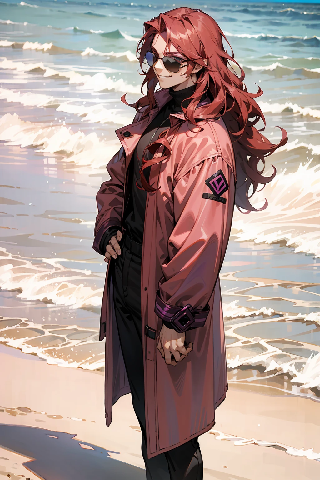 1male, Young Adult, Dark Red Hair, Light Pink Hair, , Muscular, Curly Hair, Two Toned Hair, Sunglasses, Magenta Colored Eyes, Smirk, Standing On Beach, Purple Coat, Long Hair