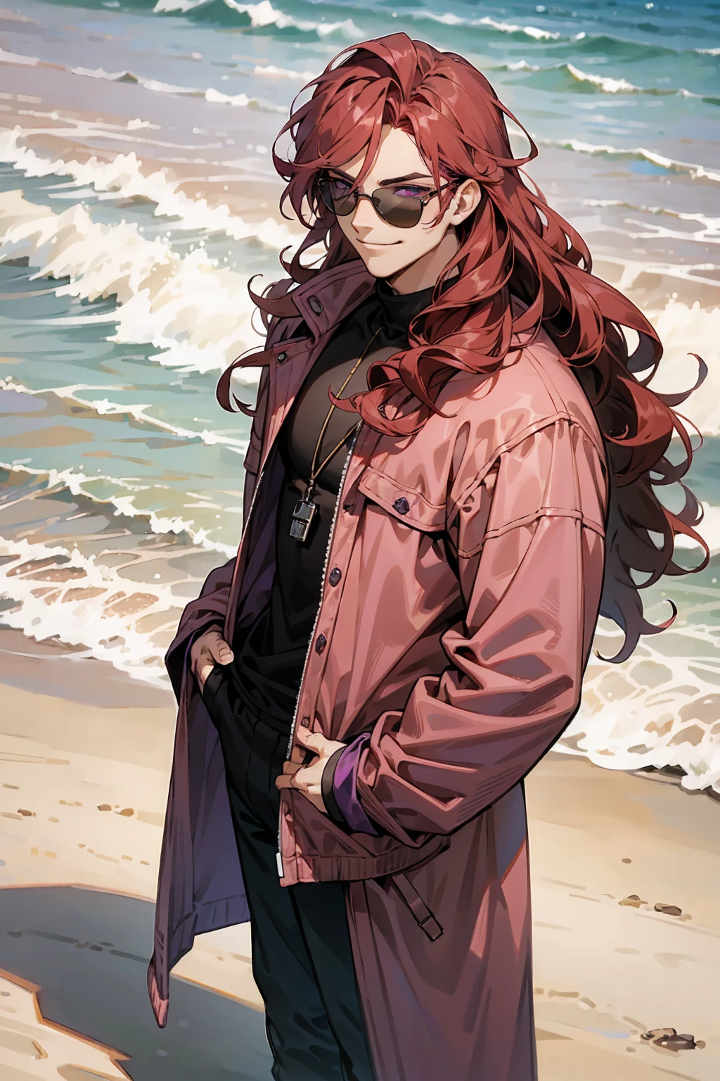 1male, Young Adult, Dark Red Hair, Light Pink Hair, , Muscular, Curly Hair, Two Toned Hair, Sunglasses, Magenta Colored Eyes, Smirk, Standing On Beach, Purple Coat, Long Hair