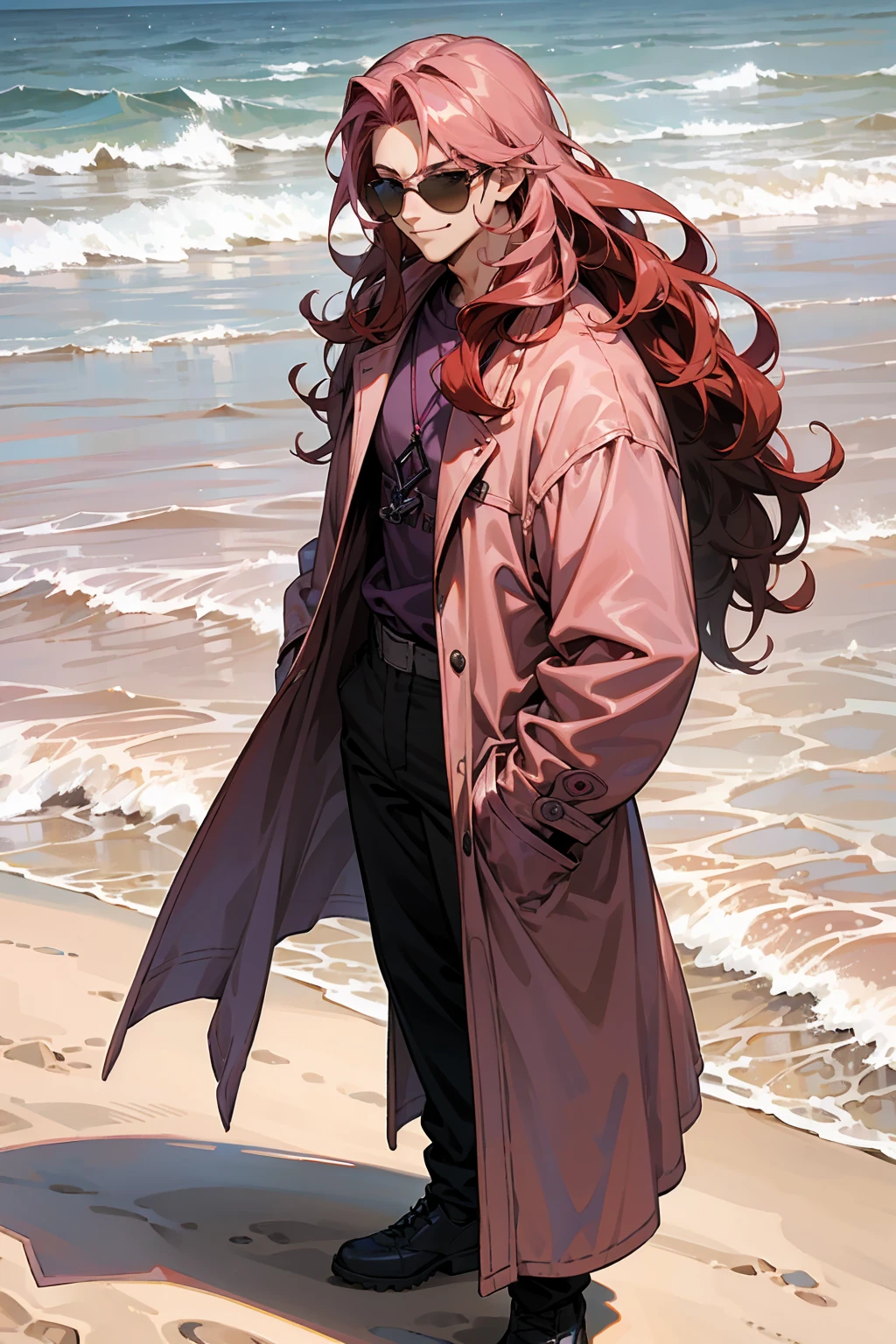 1male, Young Adult, Dark Red Hair, Light Pink Hair, , Muscular, Curly Hair, Two Toned Hair, Sunglasses, Magenta Colored Eyes, Smirk, Standing On Beach, Purple Coat, Long Hair