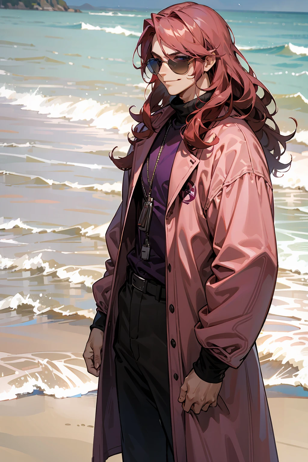 1male, Young Adult, Dark Red Hair, Light Pink Hair, , Muscular, Curly Hair, Two Toned Hair, Sunglasses, Magenta Colored Eyes, Smirk, Standing On Beach, Purple Coat, Long Hair