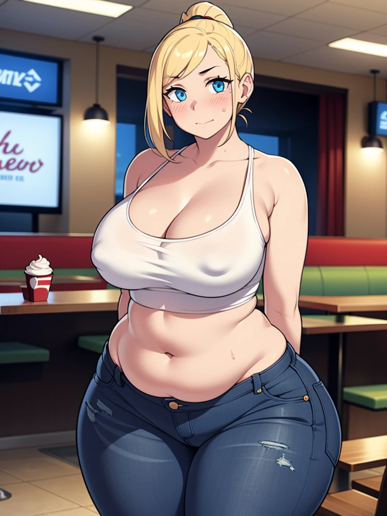 ((Masterpiece)), perfect anatomy, perfect shading, field of depth, (best quality), extremely delicate and beautiful, perfect lighting, detailed face, ultra cute face, cute, ((1girl)), ((solo))

short fluffy blonde hair, ponytail, blue eyes, ((blush)), nervous, looking at viewer, crop top, jeans, cleavage, large breasts, ((thick thighs)), (wide hips), chubby, chubby belly, 

intricate background, detailed background, fast food restaurant, arms behind back,
