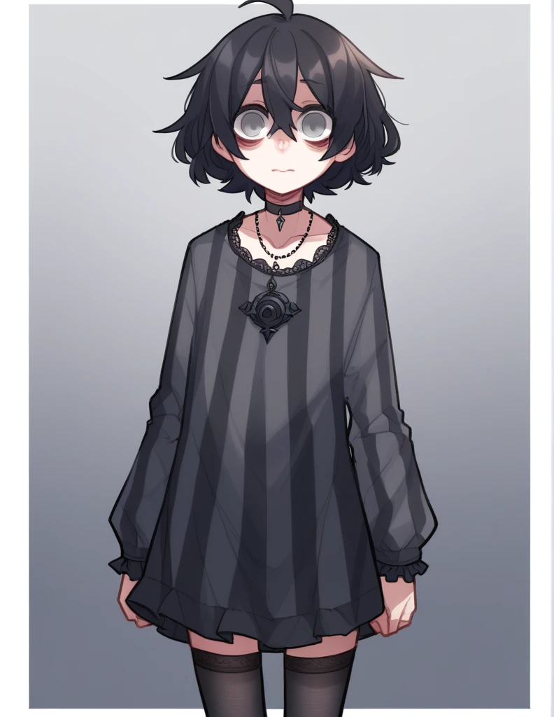 1 girl, alone, ppka, black fur, short hair, messy fur, Ahoge, parts, parts all over the body, grey eyes, empty eyes, blind, nervous, Slight smile, cute look,
gothic, short dress, long sleeve dress, gray dress with black stripes, horizontal striped dress, thigh high stockings, super long stockings, transparent stockings, black necklace, black accessories, gothic, shadows in the eyes, black shadows