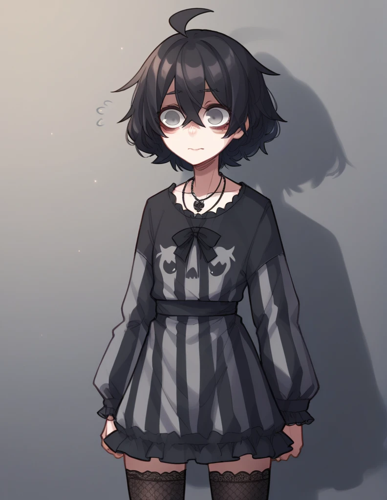 1 girl, alone, ppka, black fur, short hair, messy fur, Ahoge, parts, parts all over the body, grey eyes, empty eyes, blind, nervous, Slight smile, cute look,
gothic, short dress, long sleeve dress, gray dress with black stripes, horizontal striped dress, thigh high stockings, super long stockings, transparent stockings, black necklace, black accessories, gothic, shadows in the eyes, black shadows